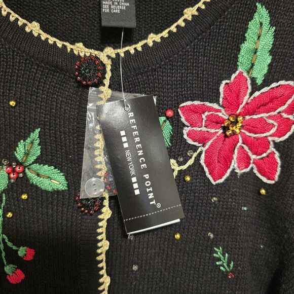 Christmas Sweater Cardigan Large Women Vintage 90s Embroidered Beaded Poinsettia - Picture 5 of 7